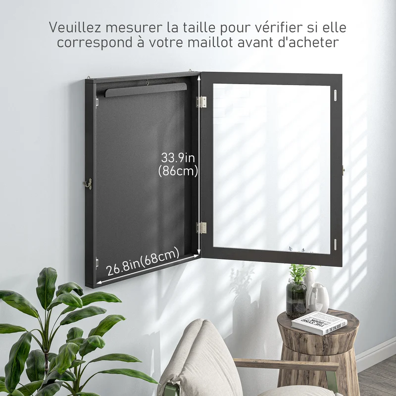 Cadre vitrine pour maillot mural 71 x 6.5 x 89 cm anti-poussière fond feutré crochet intérieur contemporain en bois noir 21_0006964