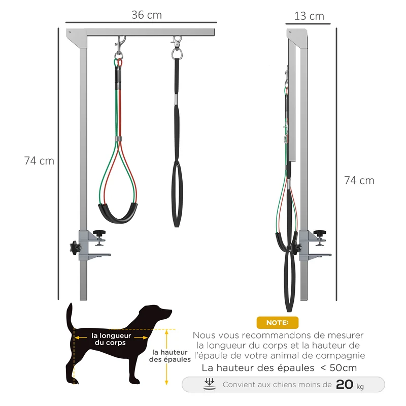 Bras de toilettage pliable pour table 36 x 8 x 74 cm hauteur réglable maintien sûr épuré en acier inoxydable argenté 21_0007275
