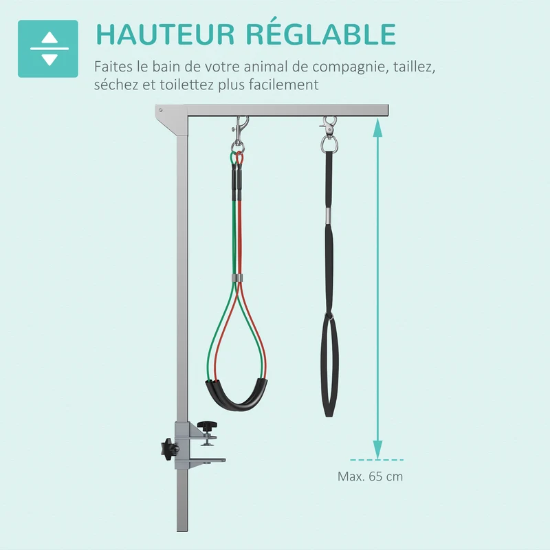 Bras de toilettage pliable pour table 36 x 8 x 74 cm hauteur réglable maintien sûr épuré en acier inoxydable argenté 21_0007275