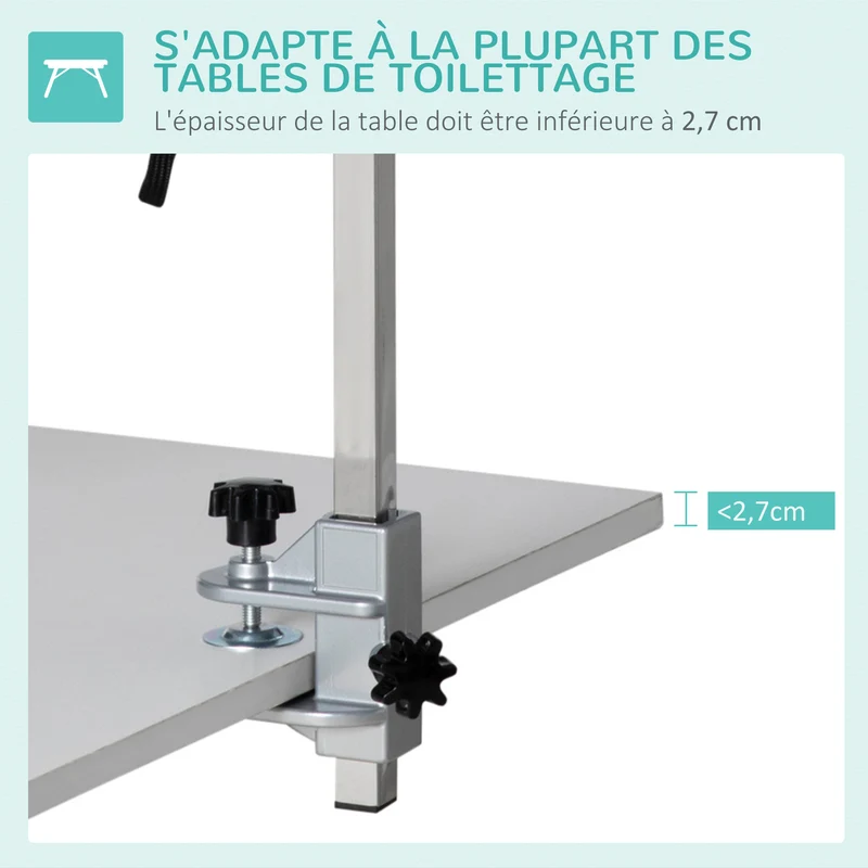Bras de toilettage pliable pour table 36 x 8 x 74 cm hauteur réglable maintien sûr épuré en acier inoxydable argenté 21_0007275