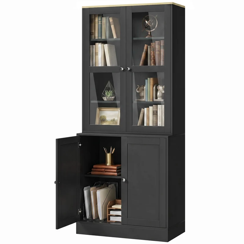 Bibliothèque vitrine salon salle à manger 76 x 40 x 179 cm portes vitrées étagères réglables moderne épuré en MDF noir 21_0002479