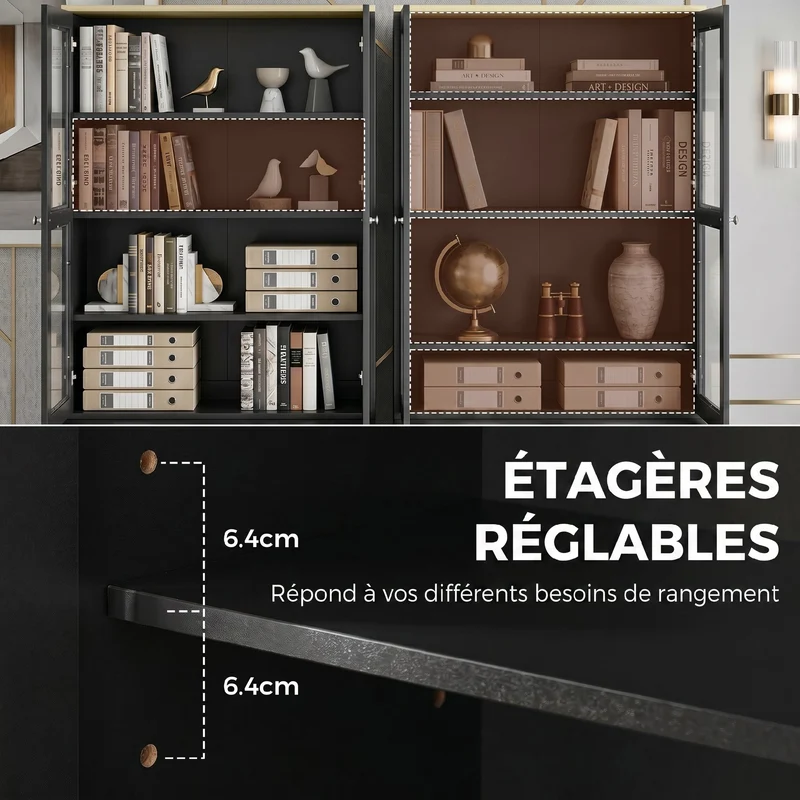 Bibliothèque vitrine salon salle à manger 76 x 40 x 179 cm portes vitrées étagères réglables moderne épuré en MDF noir 21_0002479