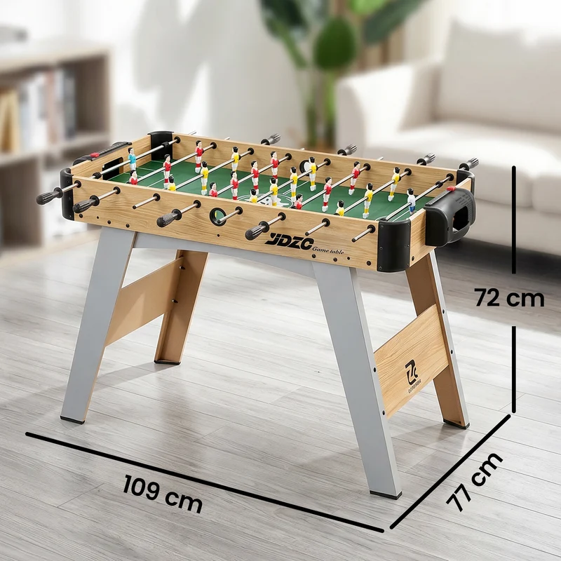 Baby-foot compact familial pour enfants 109 x 77 x 72 cm coins ronds barres 360° maniable décoratif en MDF chêne jaune 21_0006664