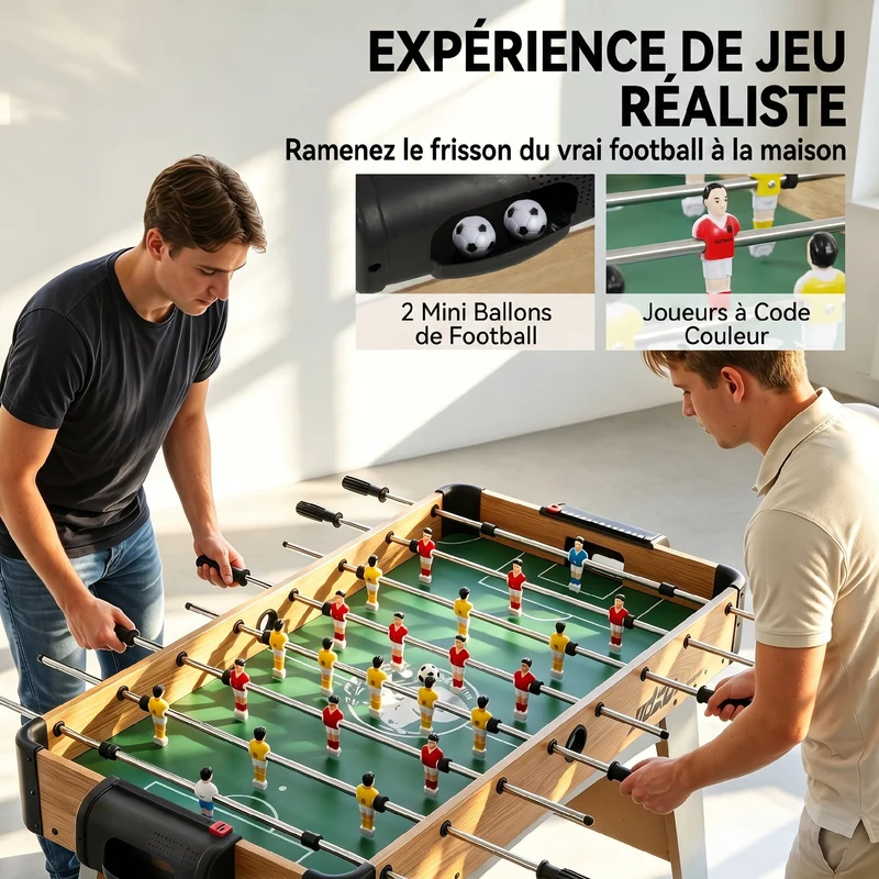 Baby-foot compact familial pour enfants 109 x 77 x 72 cm coins ronds barres 360° maniable décoratif en MDF chêne jaune 21_0006664