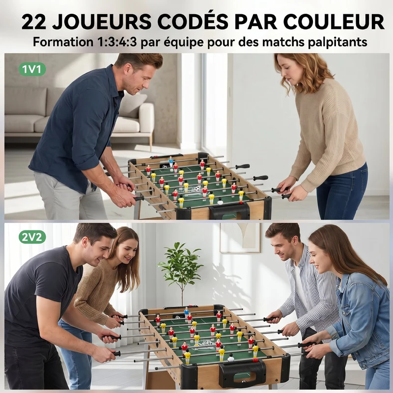 Baby-foot compact familial pour enfants 109 x 77 x 72 cm coins ronds barres 360° maniable décoratif en MDF chêne jaune 21_0006664