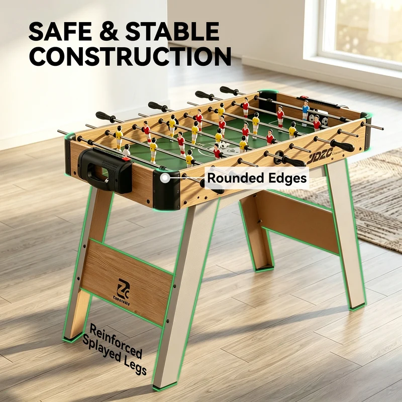 Baby-foot compact familial pour enfants 109 x 77 x 72 cm coins ronds barres 360° maniable décoratif en MDF chêne jaune 21_0006664