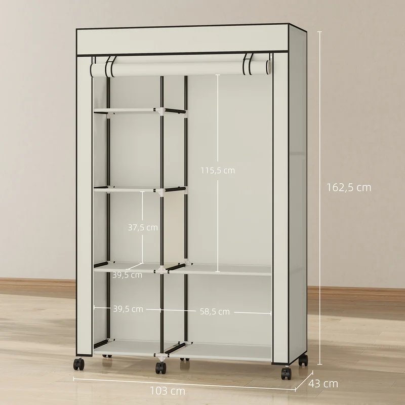 Armoire penderie compacte 103 x 43 x 162,5 cm avec tringle et étagères 6 roulettes pratique style épuré en tissu crème 21_0005825