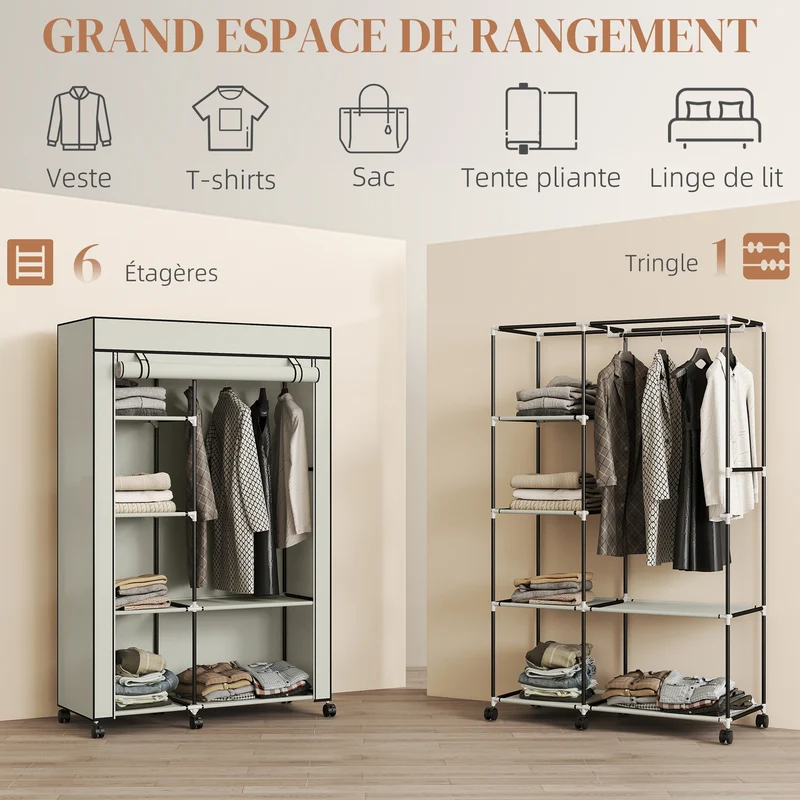 Armoire penderie compacte 103 x 43 x 162,5 cm avec tringle et étagères 6 roulettes pratique style épuré en tissu crème 21_0005825