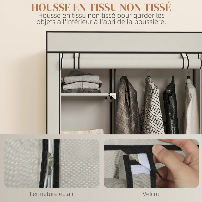 Armoire penderie compacte 103 x 43 x 162,5 cm avec tringle et étagères 6 roulettes pratique style épuré en tissu crème 21_0005825