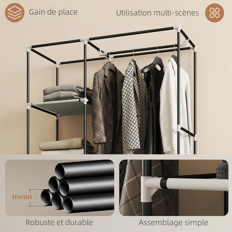 Armoire penderie compacte 103 x 43 x 162,5 cm avec tringle et étagères 6 roulettes pratique style épuré en tissu crème 21_0005825
