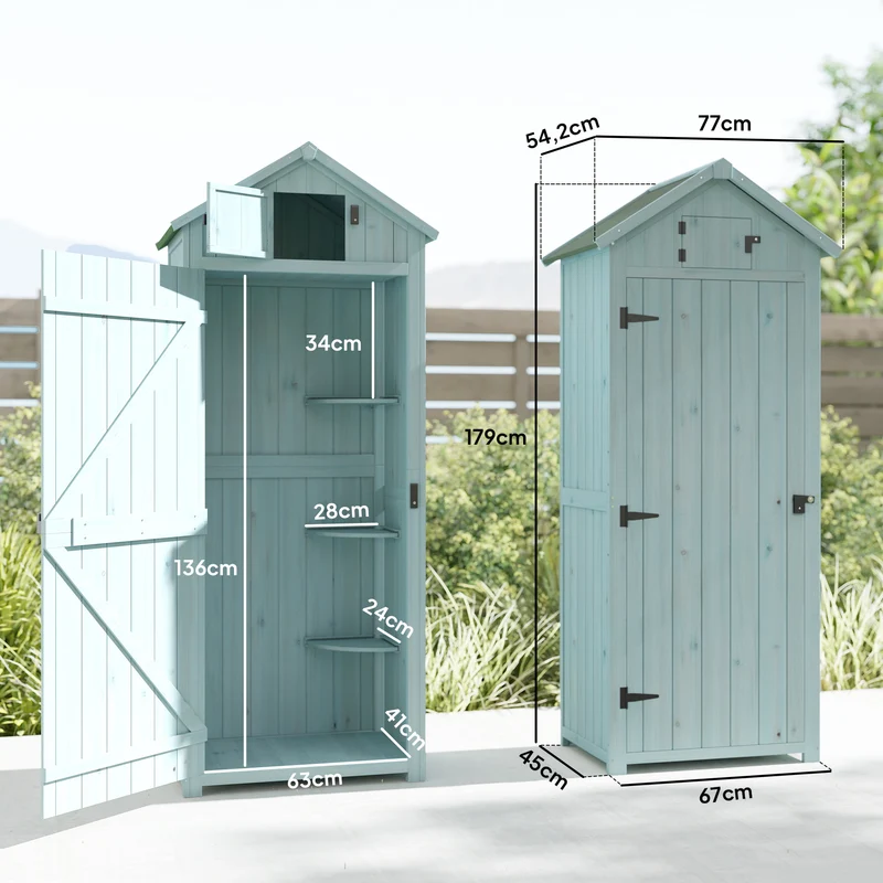 Armoire de jardin petit chalet 77 x 54 x 179 cm rangement 3 étagères portes verrouillables vintage rustique en bois bleu 21_0004087