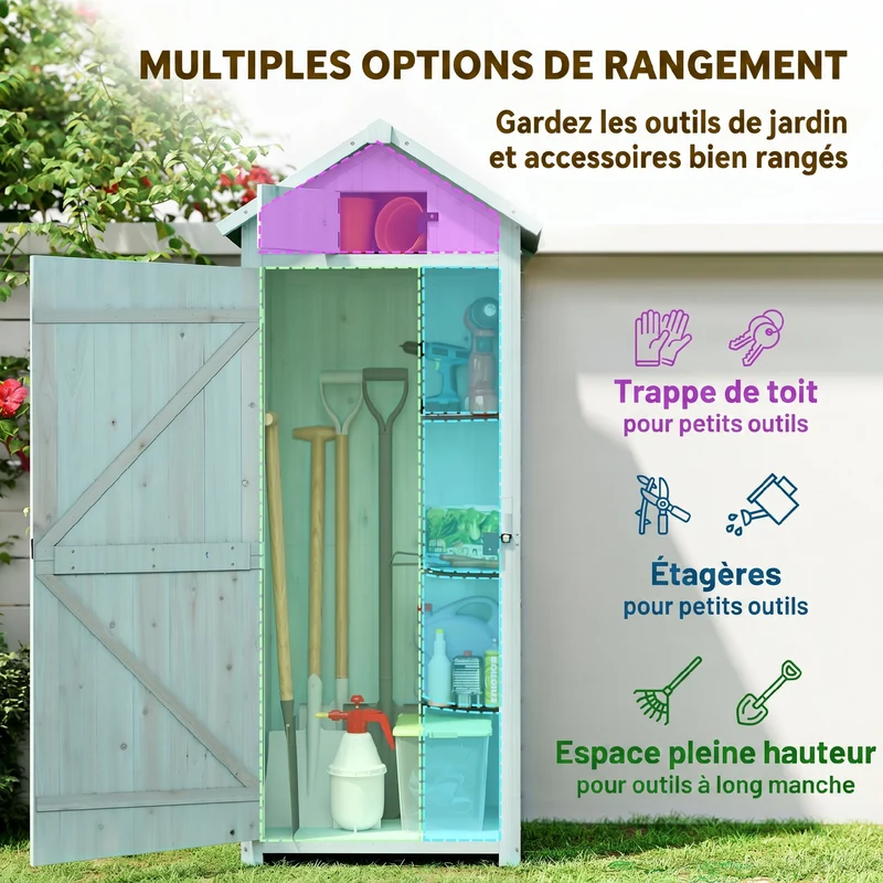 Armoire de jardin petit chalet 77 x 54 x 179 cm rangement 3 étagères portes verrouillables vintage rustique en bois bleu 21_0004087