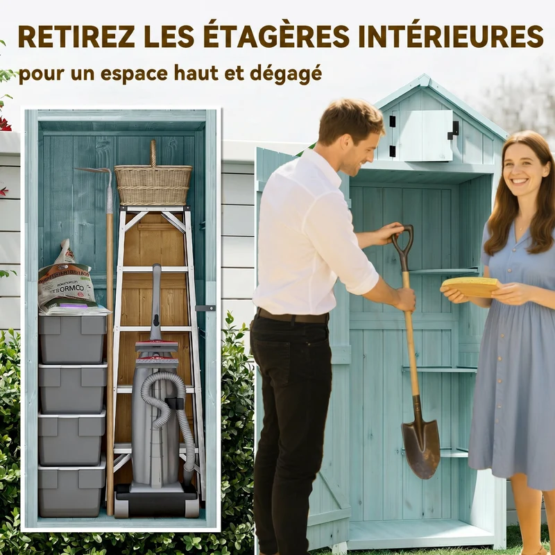 Armoire de jardin petit chalet 77 x 54 x 179 cm rangement 3 étagères portes verrouillables vintage rustique en bois bleu 21_0004087