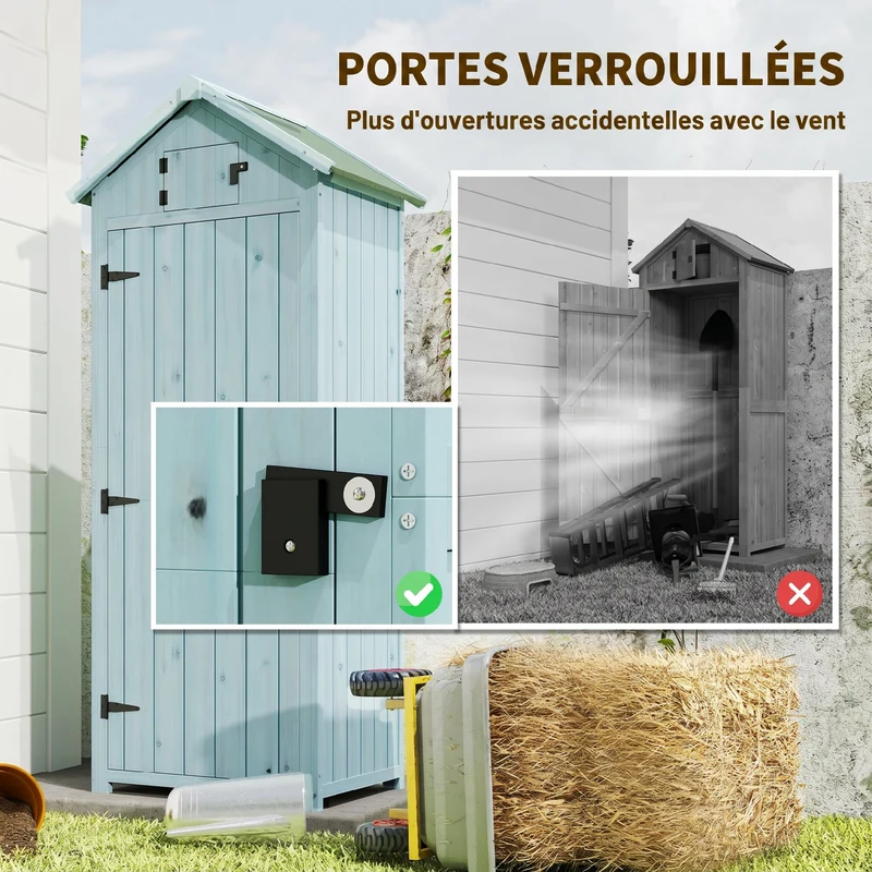 Armoire de jardin petit chalet 77 x 54 x 179 cm rangement 3 étagères portes verrouillables vintage rustique en bois bleu 21_0004087