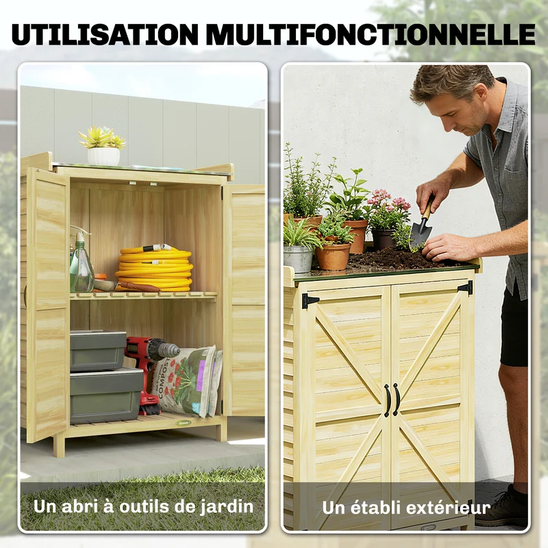 Armoire de jardin 2 en 1 table de rempotage rangements fermés 71.5 x 39 x 95 cm rustique contemporain en bois naturel 21_0005350
