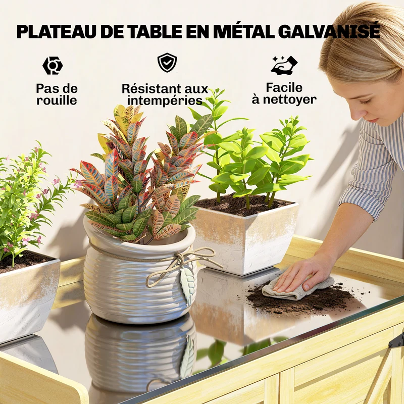 Armoire de jardin 2 en 1 table de rempotage rangements fermés 71.5 x 39 x 95 cm rustique contemporain en bois naturel 21_0005350