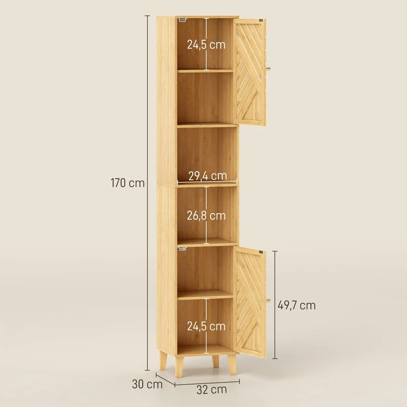 Armoire colonne salle de bain 32 x 30 x 170 cm rangement modulable ventilation scandinave épuré en bambou bois naturel 21_0002107