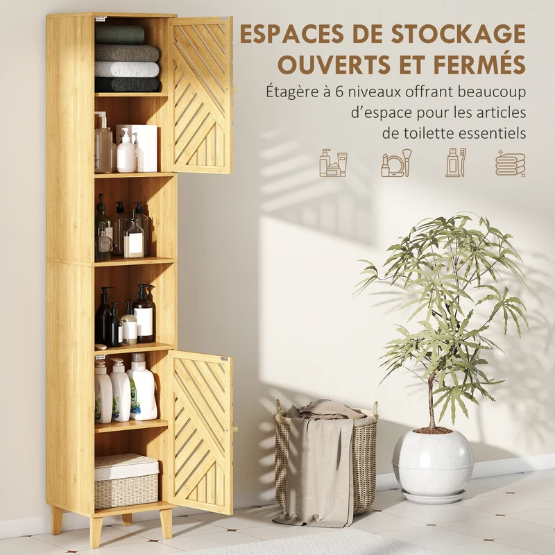 Armoire colonne salle de bain 32 x 30 x 170 cm rangement modulable ventilation scandinave épuré en bambou bois naturel 21_0002107