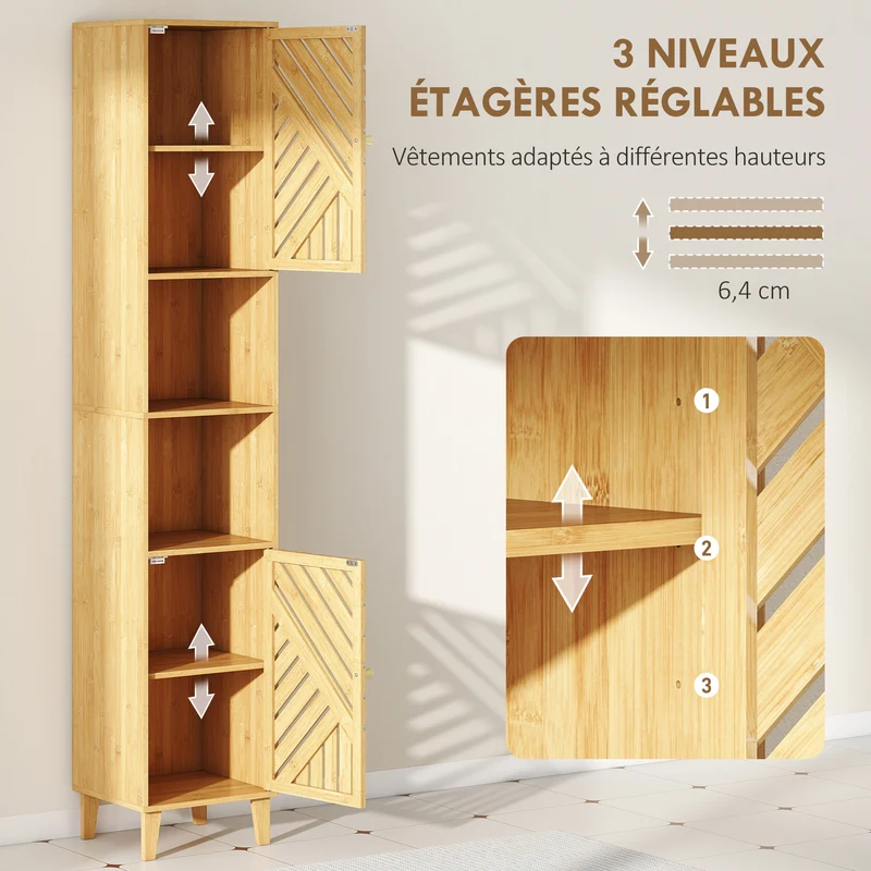 Armoire colonne salle de bain 32 x 30 x 170 cm rangement modulable ventilation scandinave épuré en bambou bois naturel 21_0002107