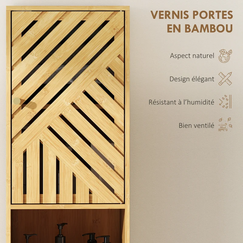 Armoire colonne salle de bain 32 x 30 x 170 cm rangement modulable ventilation scandinave épuré en bambou bois naturel 21_0002107