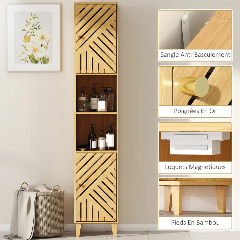 Armoire colonne salle de bain 32 x 30 x 170 cm rangement modulable ventilation scandinave épuré en bambou bois naturel 21_0002107