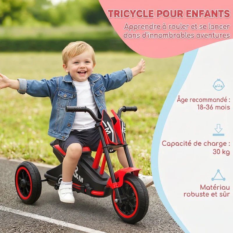 Tricycle moto pour enfant intérieur extérieur 79 x 44 x 50 cm assise basse sécurité renforcée tendance en acier rouge 21_0000658