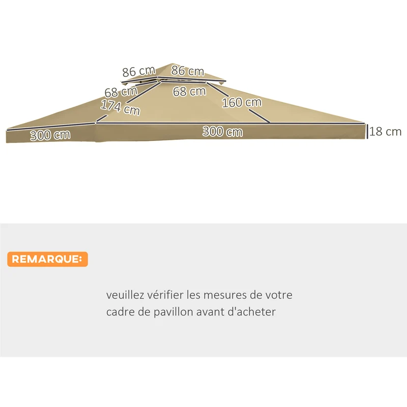 Toit de remplacement pour pavillon 3 x 3 m imperméable ombrage compatible métal contemporain extérieur en polyester beige 21_0004733