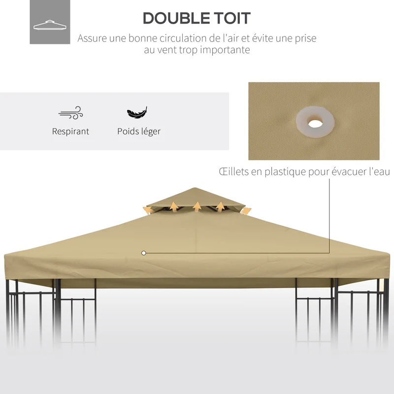 Toit de remplacement pour pavillon 3 x 3 m imperméable ombrage compatible métal contemporain extérieur en polyester beige 21_0004733
