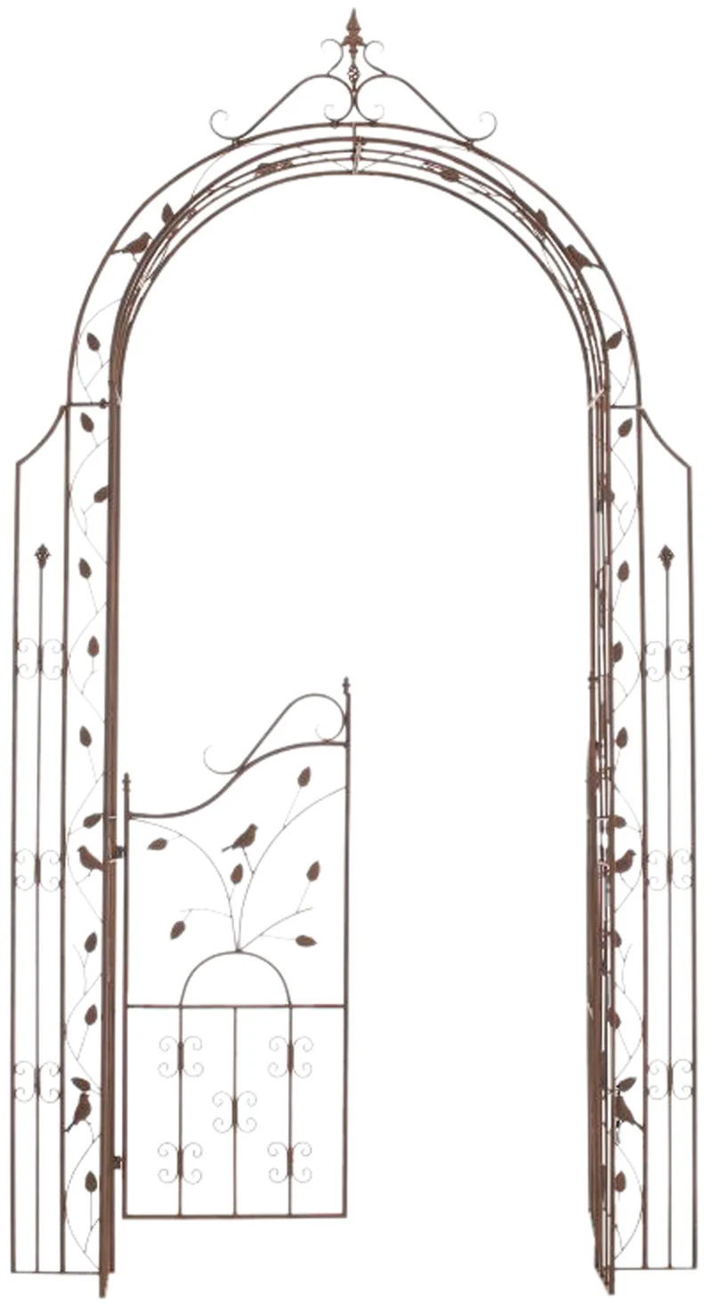 Arche de jardin arcade à rosiers avec portillon décoration jardin 235x100 cm en métal marron vieilli 10_0003934