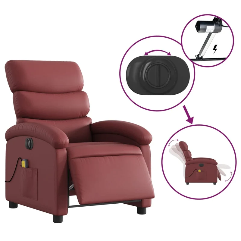 Fauteuil de relaxation TV fonction massage inclinable électrique 6 points de massage en PVC rouge bordeaux DEC027243