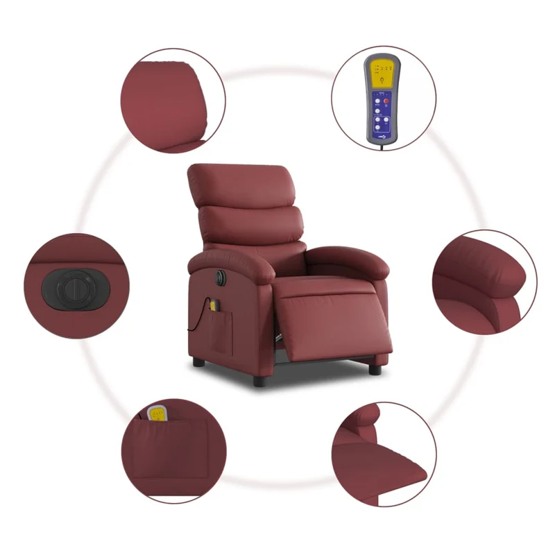 Fauteuil de relaxation TV fonction massage inclinable électrique 6 points de massage en PVC rouge bordeaux DEC027243