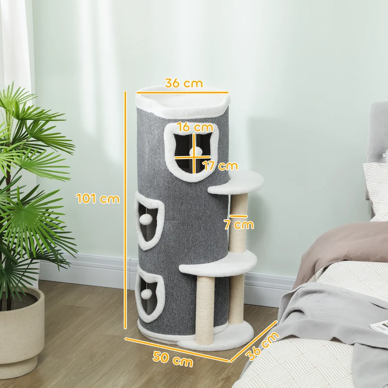 Tour pour chat 4 niveaux 50 x 36 x 101 cm espaces privés sécurisés griffoirs robustes moderne scandinave en bois gris 21_0007750