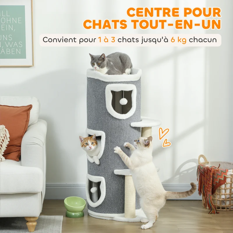 Tour pour chat 4 niveaux 50 x 36 x 101 cm espaces privés sécurisés griffoirs robustes moderne scandinave en bois gris 21_0007750