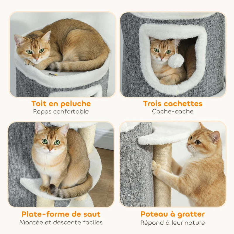 Tour pour chat 4 niveaux 50 x 36 x 101 cm espaces privés sécurisés griffoirs robustes moderne scandinave en bois gris 21_0007750