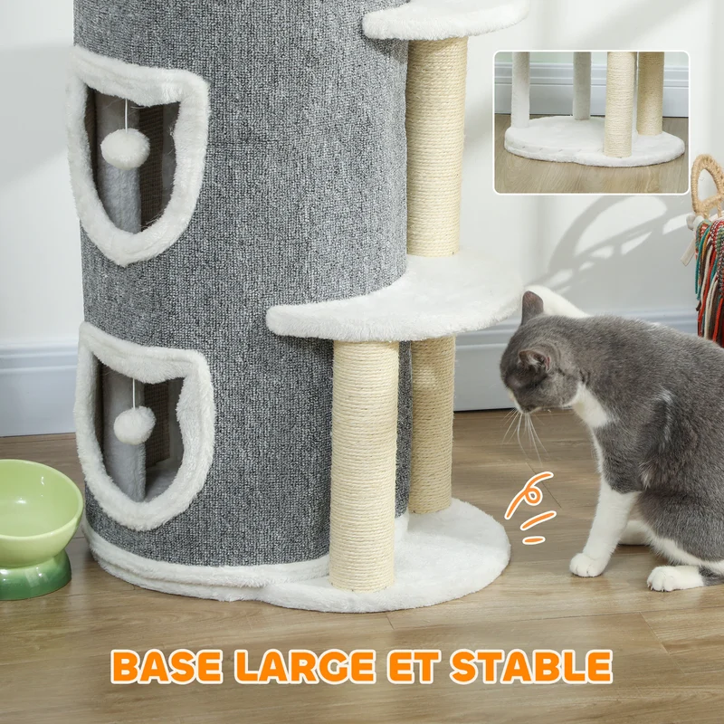 Tour pour chat 4 niveaux 50 x 36 x 101 cm espaces privés sécurisés griffoirs robustes moderne scandinave en bois gris 21_0007750