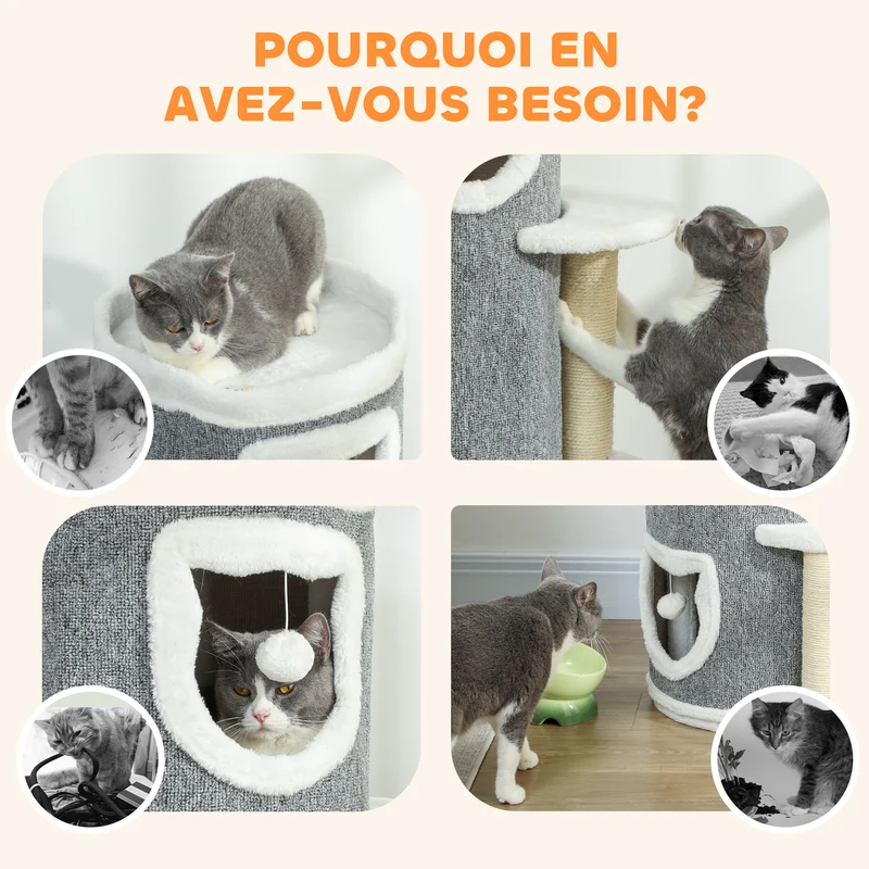 Tour pour chat 4 niveaux 50 x 36 x 101 cm espaces privés sécurisés griffoirs robustes moderne scandinave en bois gris 21_0007750