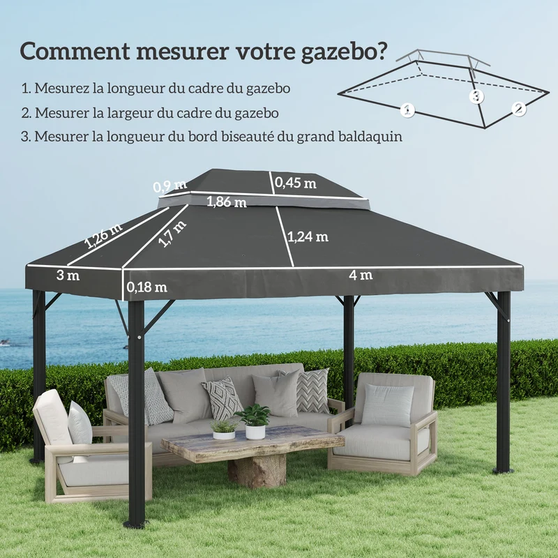 Toile de remplacement pour tonnelle 400 x 300 cm double toit drainage style moderne contemporain en polyester gris foncé 21_0004873