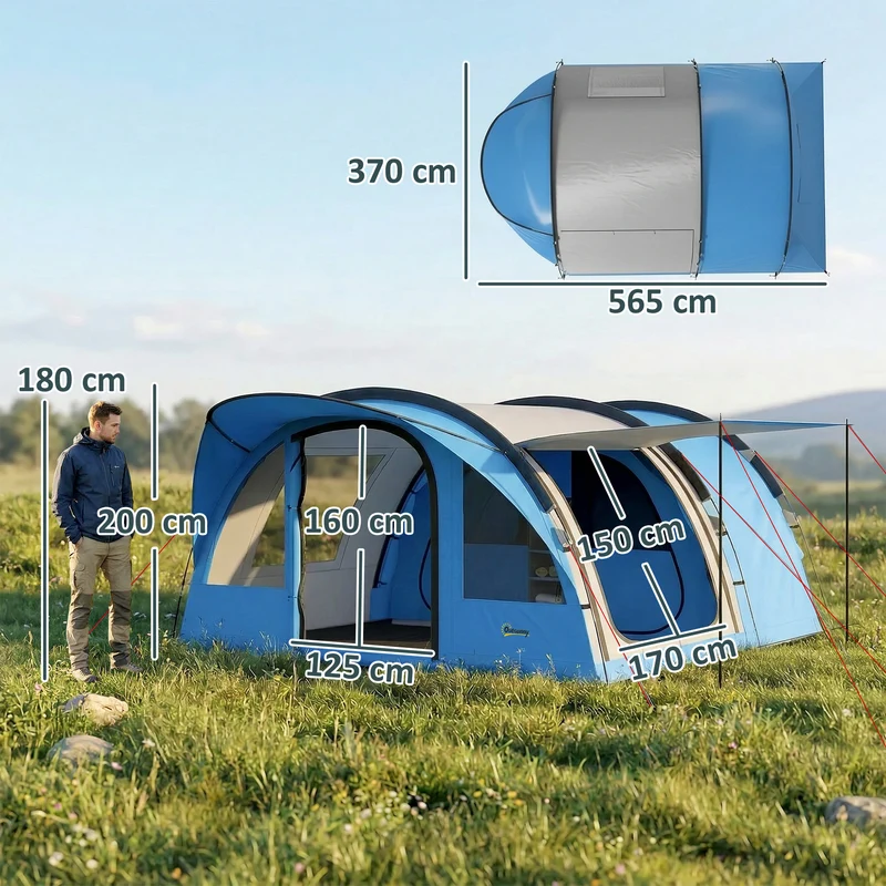 Tente tunnel camping 4 personnes 565 x 370 x 200 cm paroi amovible imperméable 3000 mm moderne en polyester bleu ciel 21_0006566