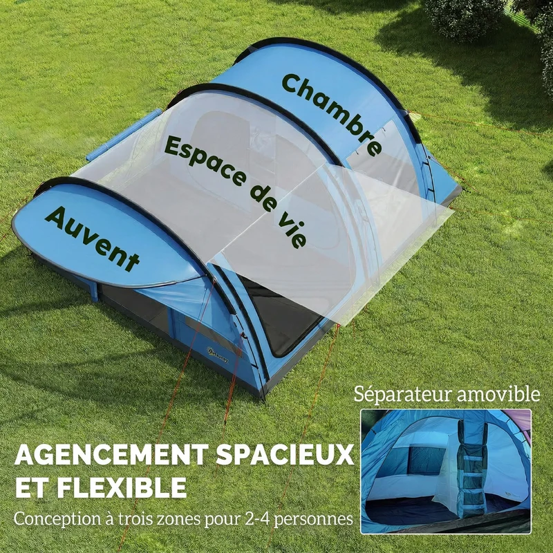 Tente tunnel camping 4 personnes 565 x 370 x 200 cm paroi amovible imperméable 3000 mm moderne en polyester bleu ciel 21_0006566