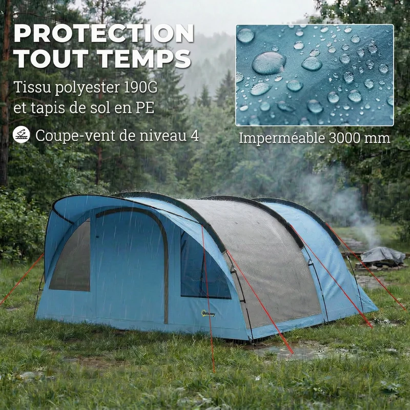 Tente tunnel camping 4 personnes 565 x 370 x 200 cm paroi amovible imperméable 3000 mm moderne en polyester bleu ciel 21_0006566