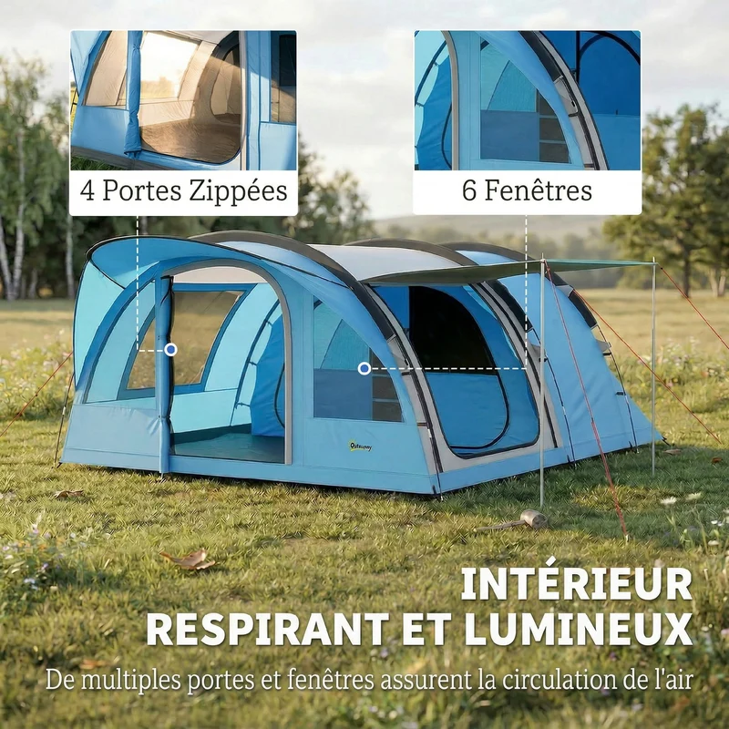 Tente tunnel camping 4 personnes 565 x 370 x 200 cm paroi amovible imperméable 3000 mm moderne en polyester bleu ciel 21_0006566