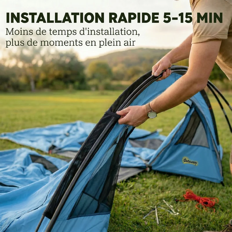 Tente tunnel camping 4 personnes 565 x 370 x 200 cm paroi amovible imperméable 3000 mm moderne en polyester bleu ciel 21_0006566
