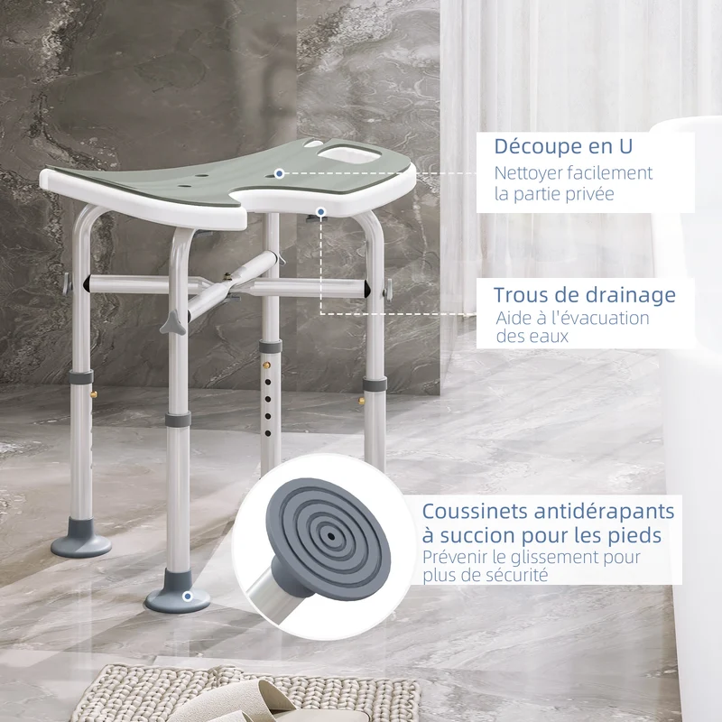 Tabouret de douche siège hauteur ajustable 48,5 x 33 x 39-51,5 cm antidérapant ergonomique contemporain en aluminium gris 21_0000848