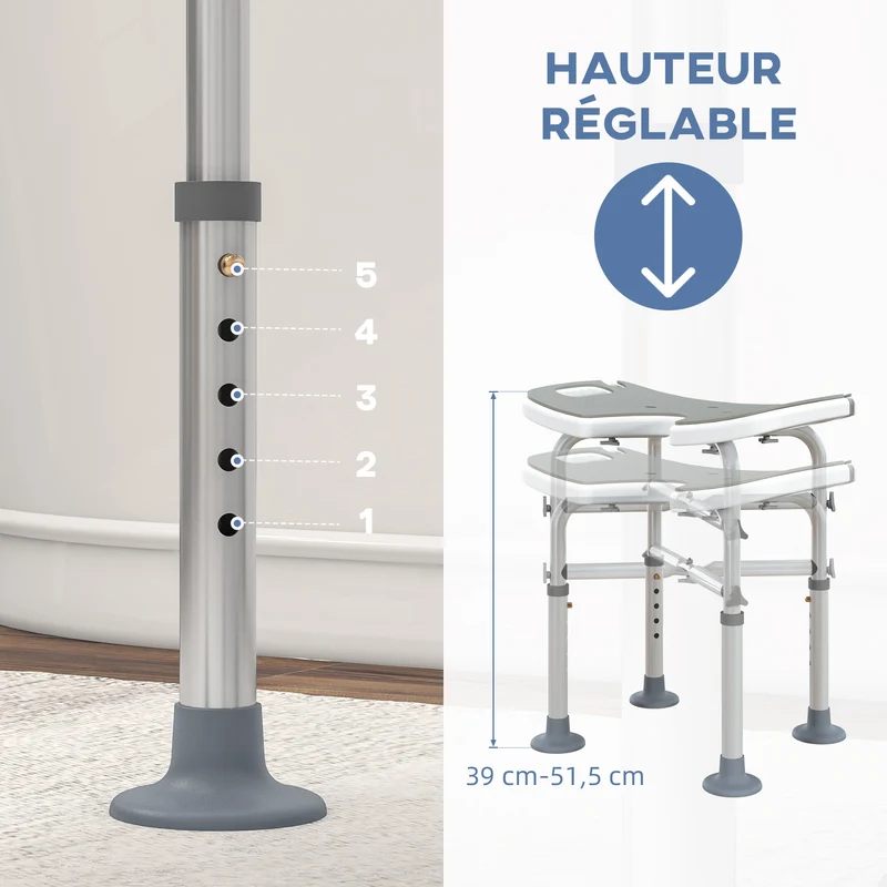 Tabouret de douche siège hauteur ajustable 48,5 x 33 x 39-51,5 cm antidérapant ergonomique contemporain en aluminium gris 21_0000848