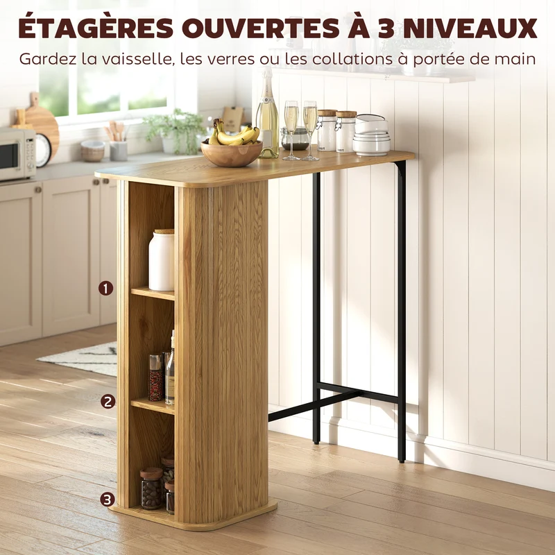 Table haute mange debout bar 112 x 50 x 106 cm stable 3 étagères rangement scandinave contemporain en MDF bois naturel 21_0003379