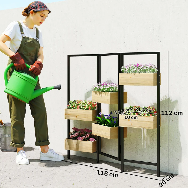 Séparateur de pièce pliable 6 bacs 116 x 20 x 112 cm gain de place exposition plantes style scandinave en bois naturel 21_0005612