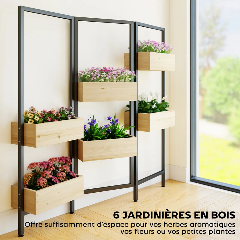 Séparateur de pièce pliable 6 bacs 116 x 20 x 112 cm gain de place exposition plantes style scandinave en bois naturel 21_0005612