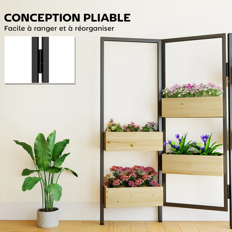 Séparateur de pièce pliable 6 bacs 116 x 20 x 112 cm gain de place exposition plantes style scandinave en bois naturel 21_0005612