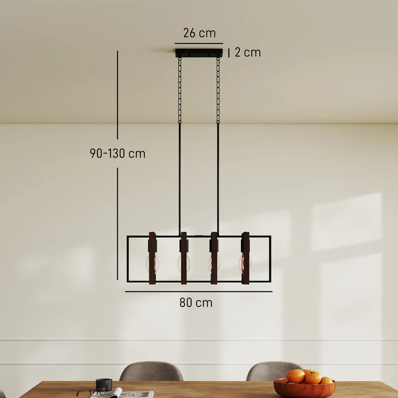Suspension luminaire salon 80 x 21 x 90-130 cm 4 cadres hauteur réglable éclairage modulable rustique en bois noyer 21_0007058