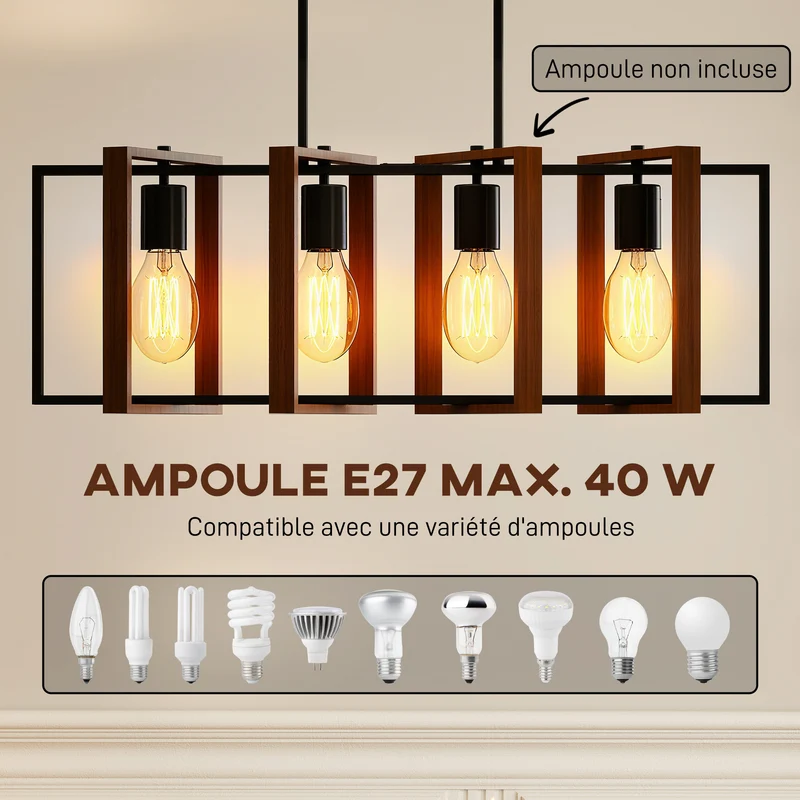 Suspension luminaire salon 80 x 21 x 90-130 cm 4 cadres hauteur réglable éclairage modulable rustique en bois noyer 21_0007058